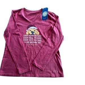 Life Is Good Holiday Dog Graphic Long Sleeve Tee V-Neck Cotton Shirt L NWT Funny